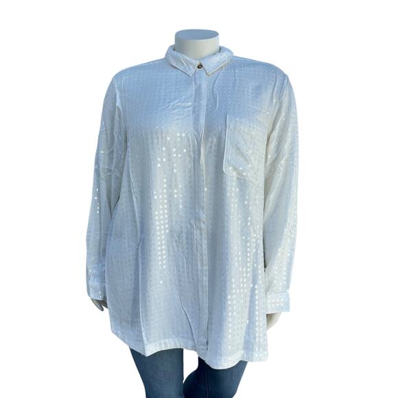 Anthropologie Pilcro Womens Button Up Top Size 3X White Sequin Long Sleeve Bling - Picture 1 of 16